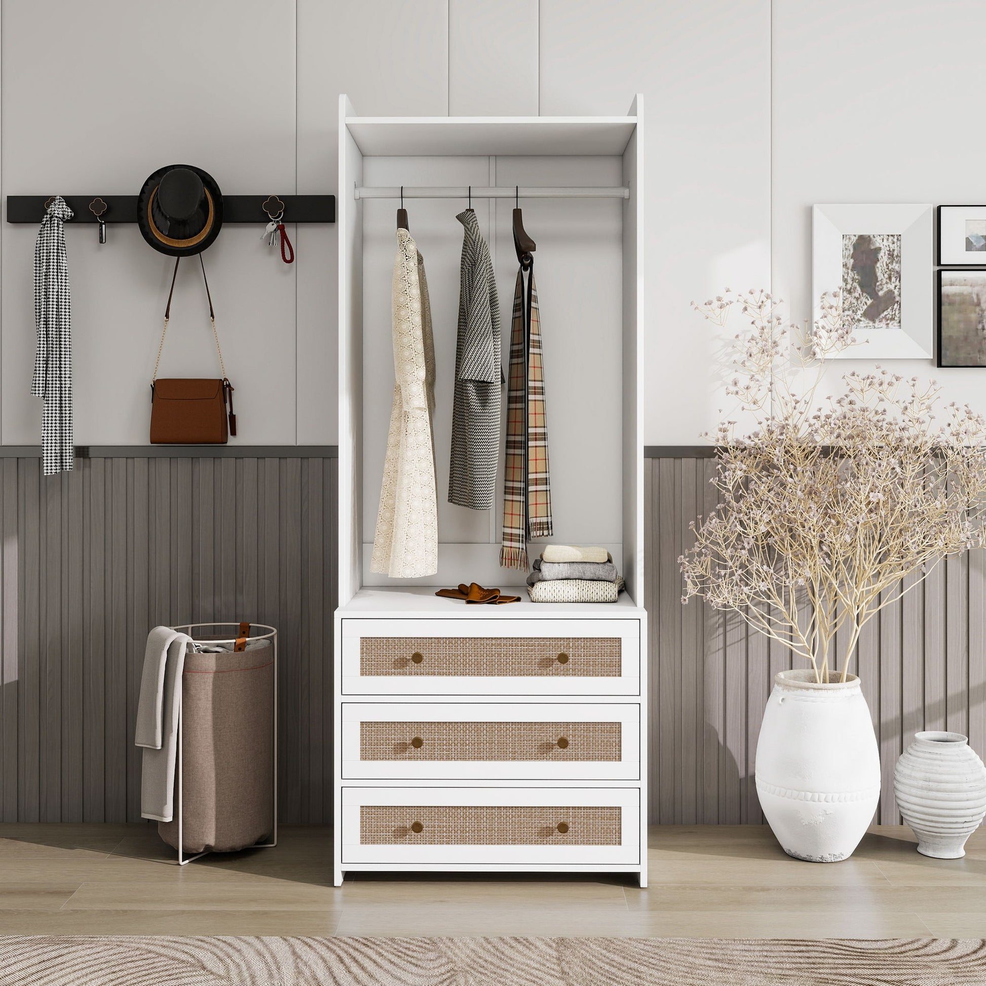 Wardrobe With 3 Drawers High Wardrobe Armoire With Rattan For Living Room Organizer - White Home Essentials