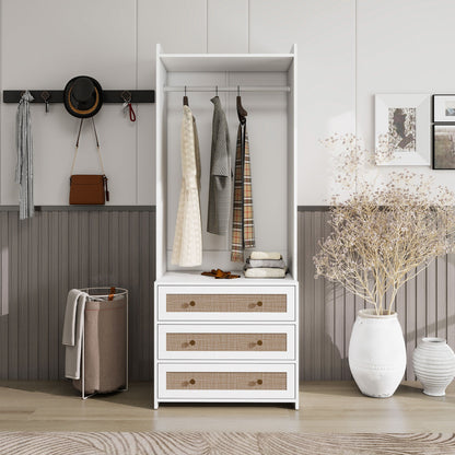 Wardrobe With 3 Drawers High Wardrobe Armoire With Rattan For Living Room Organizer - White Home Essentials