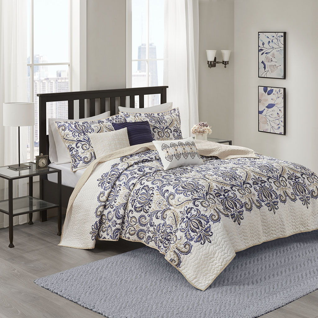 Cali - King 6 Piece Reversible Coverlet Set - Blue