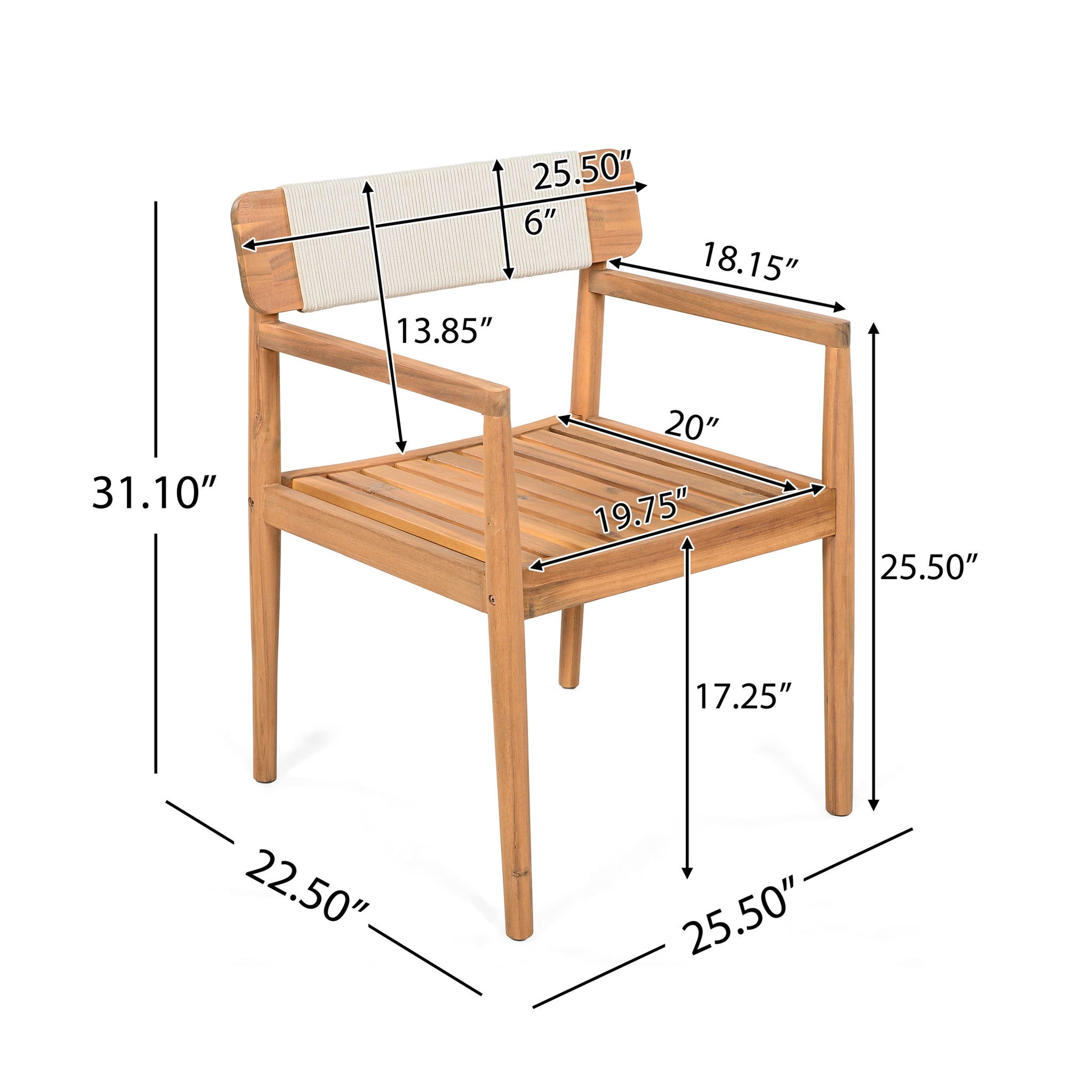 Creative Braided Acacia Wood Outdoor Dining Table And Chairs With Armrests (Set of 2) - Teak / White Noble House