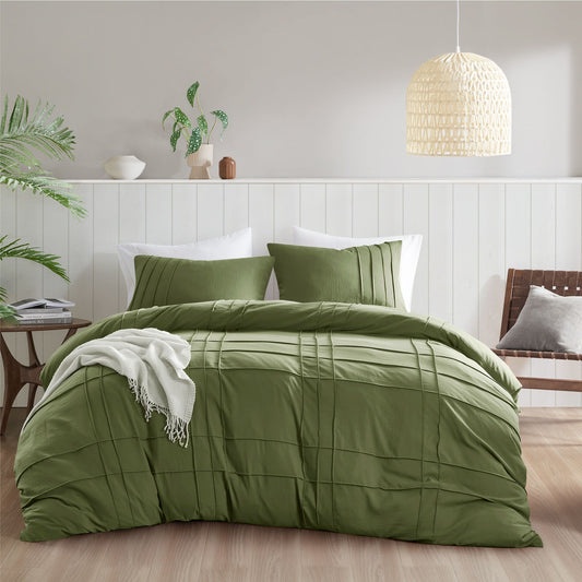 Porter - Queen Soft Washed Pleated Duvet Cover Set - Olive Green Super Listing