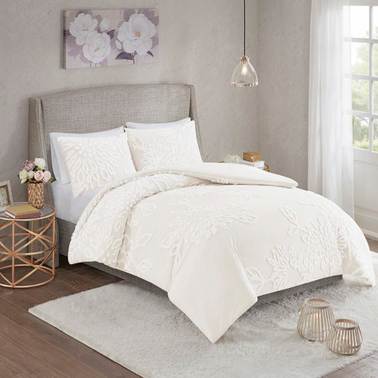 Veronica - King 3 Piece Tufted Floral Comforter Set - Off White