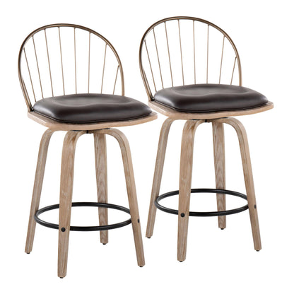 Riley - Farmhouse Fixed Height Counter Stool Round Footrest With Removable Cushion (Set of 2) - White Washed / Antique Copper / Brown Lumi Source