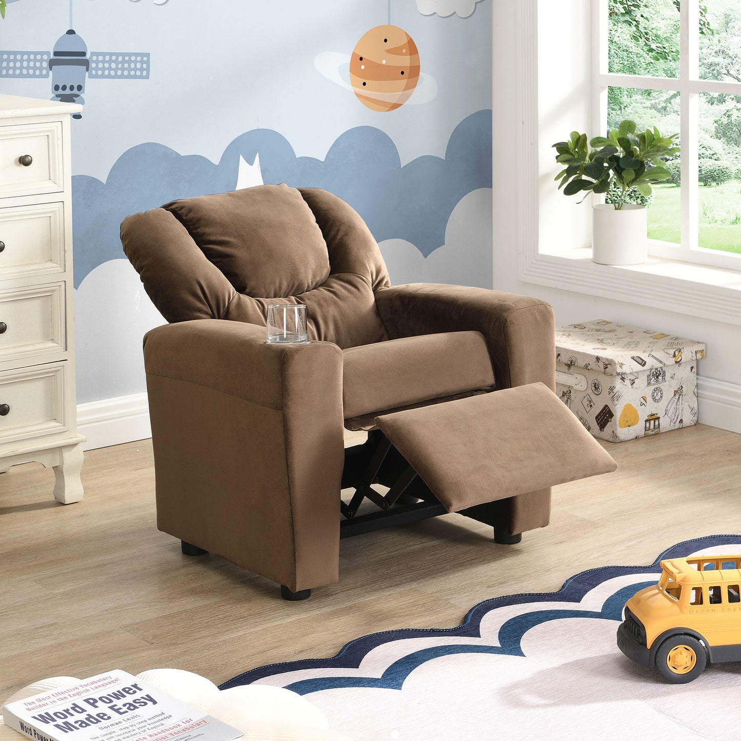 Kids Recliner Chair, Kids Upholstered Couch With One Cup Holder, Toddlers Recliner With Headrest And Footrest - Brown Home Essentials