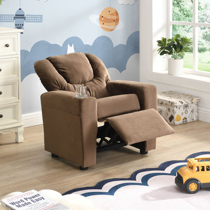 Kids Recliner Chair, Kids Upholstered Couch With One Cup Holder, Toddlers Recliner With Headrest And Footrest - Brown Home Essentials