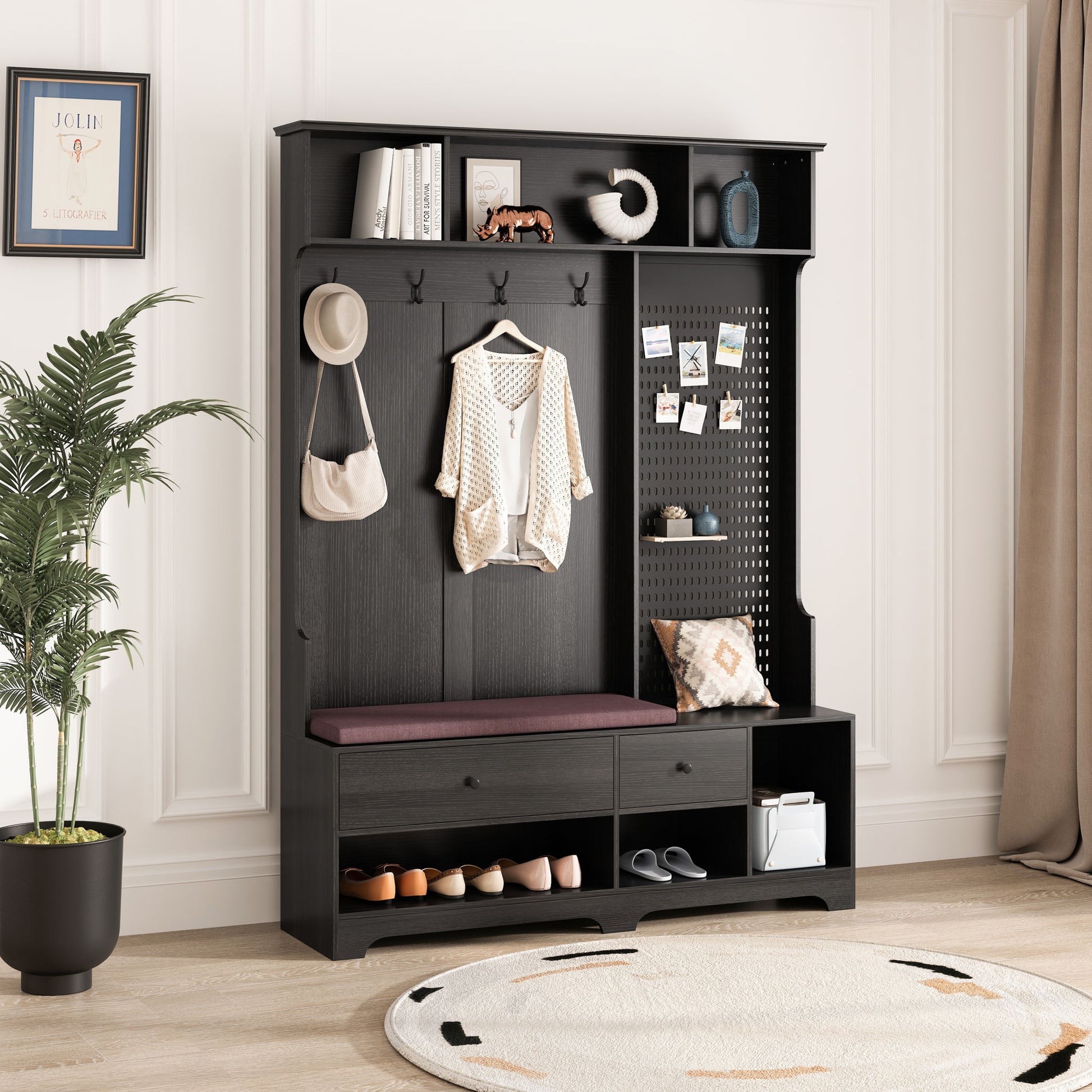 Hallway Hall Tree With Removable Cushion Bench, Coat Rack, Storage Shelves Home Essentials