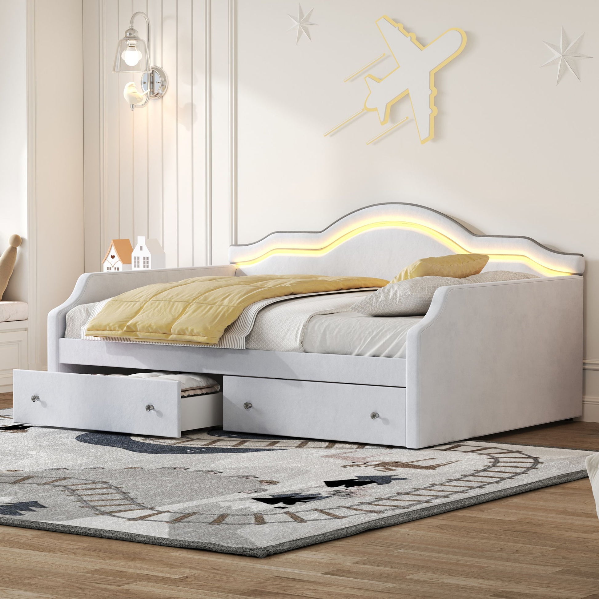 Upholstered Daybed With LED Lights And 2 Drawersme Dreamland