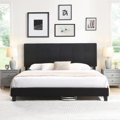 King Size Upholstered Platform Bed Frame With Button Tufted Linen Fabric Headboard, No Box Spring Needed, Wood Slat Support