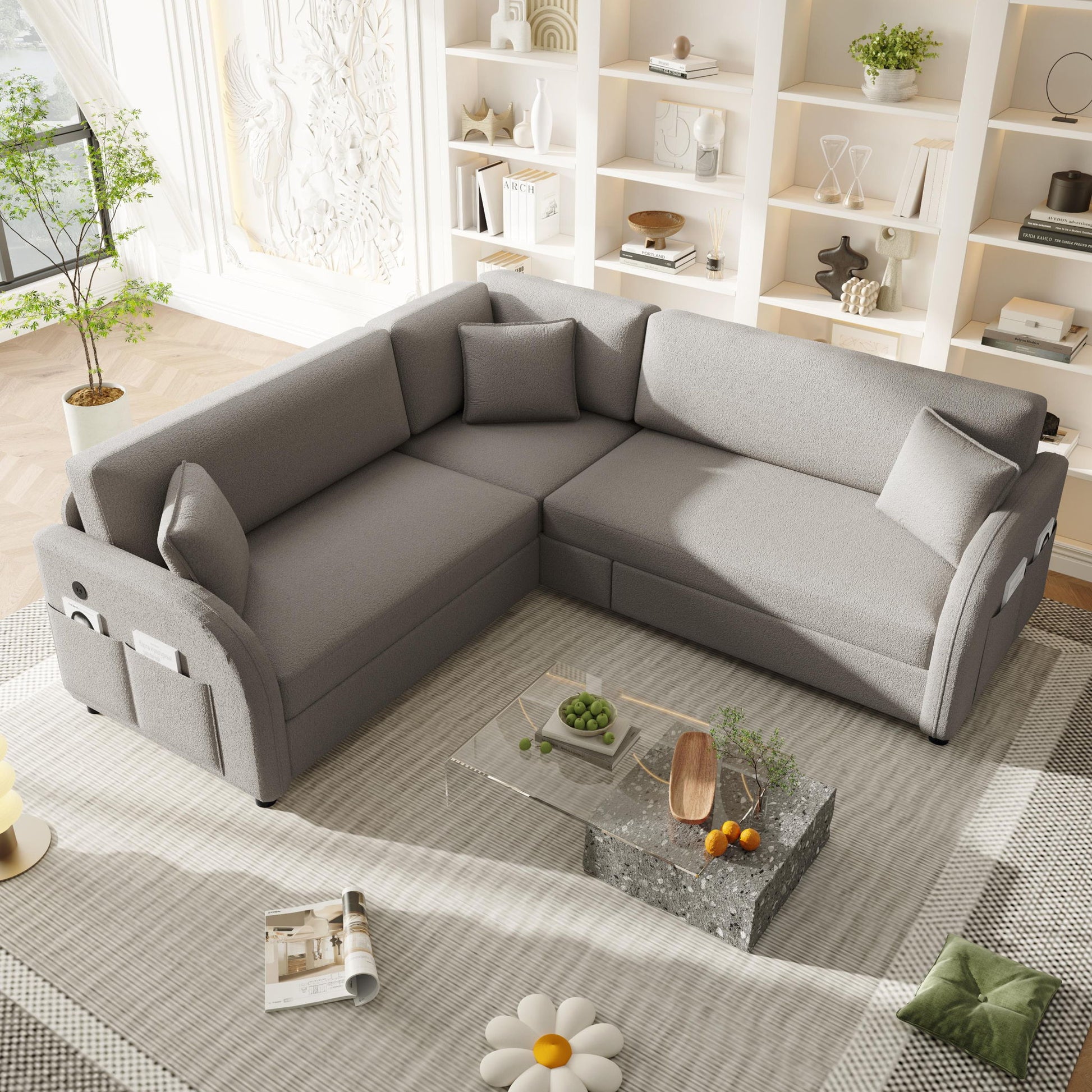 L-Shaped Couch With Pull-Out Bed, Oversize Convertible Sleeper Sofa With Side Pocket & USB Port Home Essentials