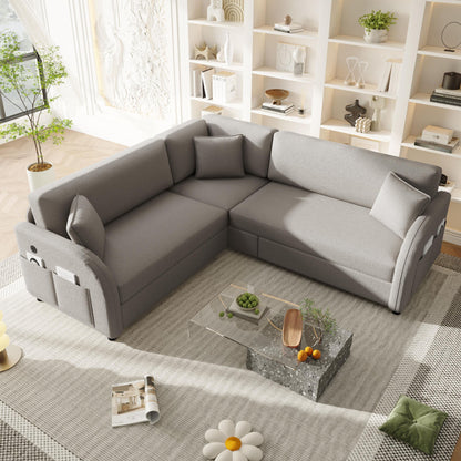 L-Shaped Couch With Pull-Out Bed, Oversize Convertible Sleeper Sofa With Side Pocket & USB Port Home Essentials