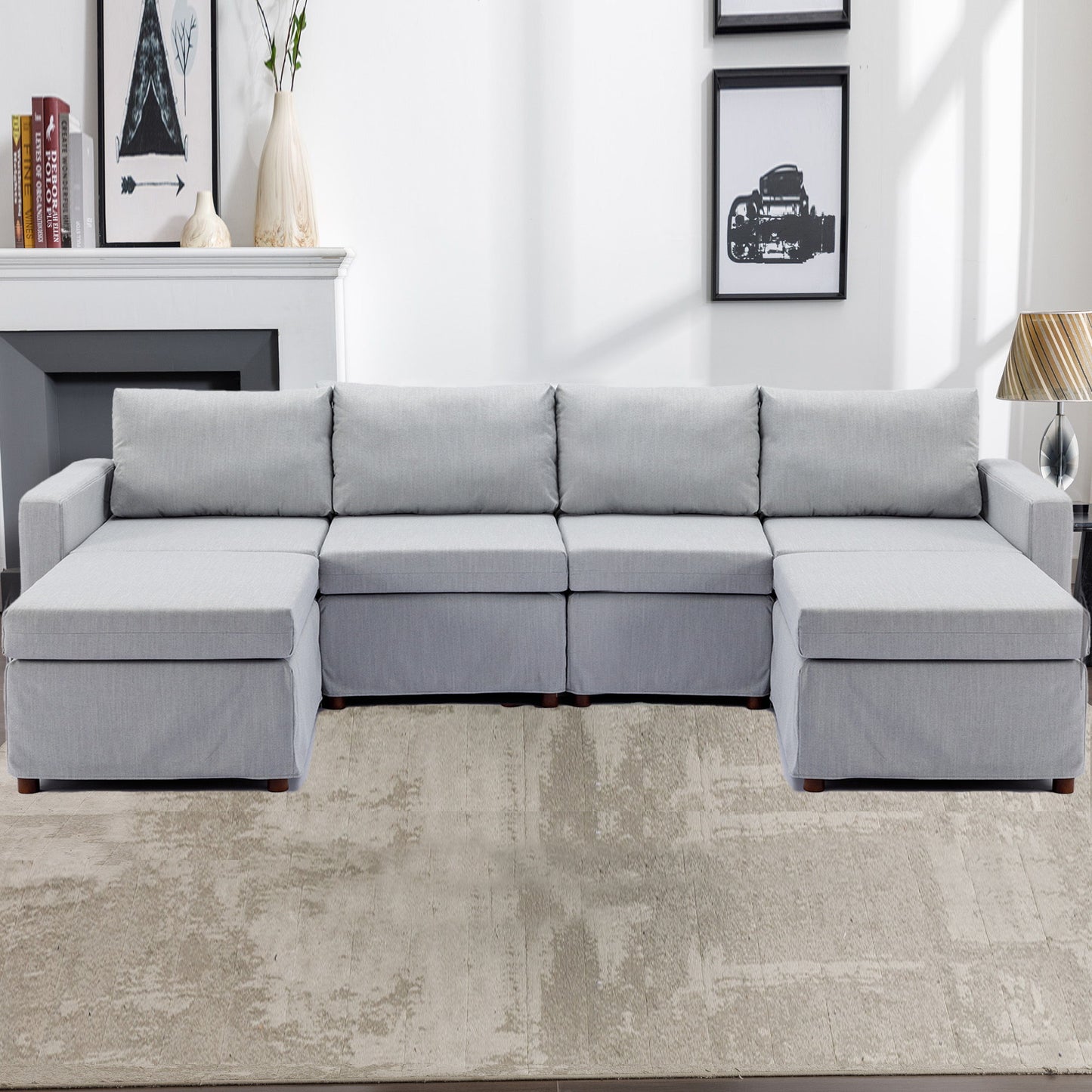 4 Seat Module Sectional Sofa Couch With 2 Ottoman For Living Room, Seat Cushion And Back Cushion Non-Removable And Non-Washable