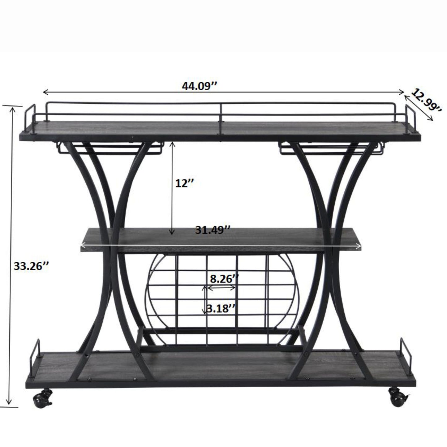 Industrial Bar Cart Kitchen Bar & Serving Cart For Home With Wheels 3 Tier Storage Shelves - Black / Gray Home Essentials