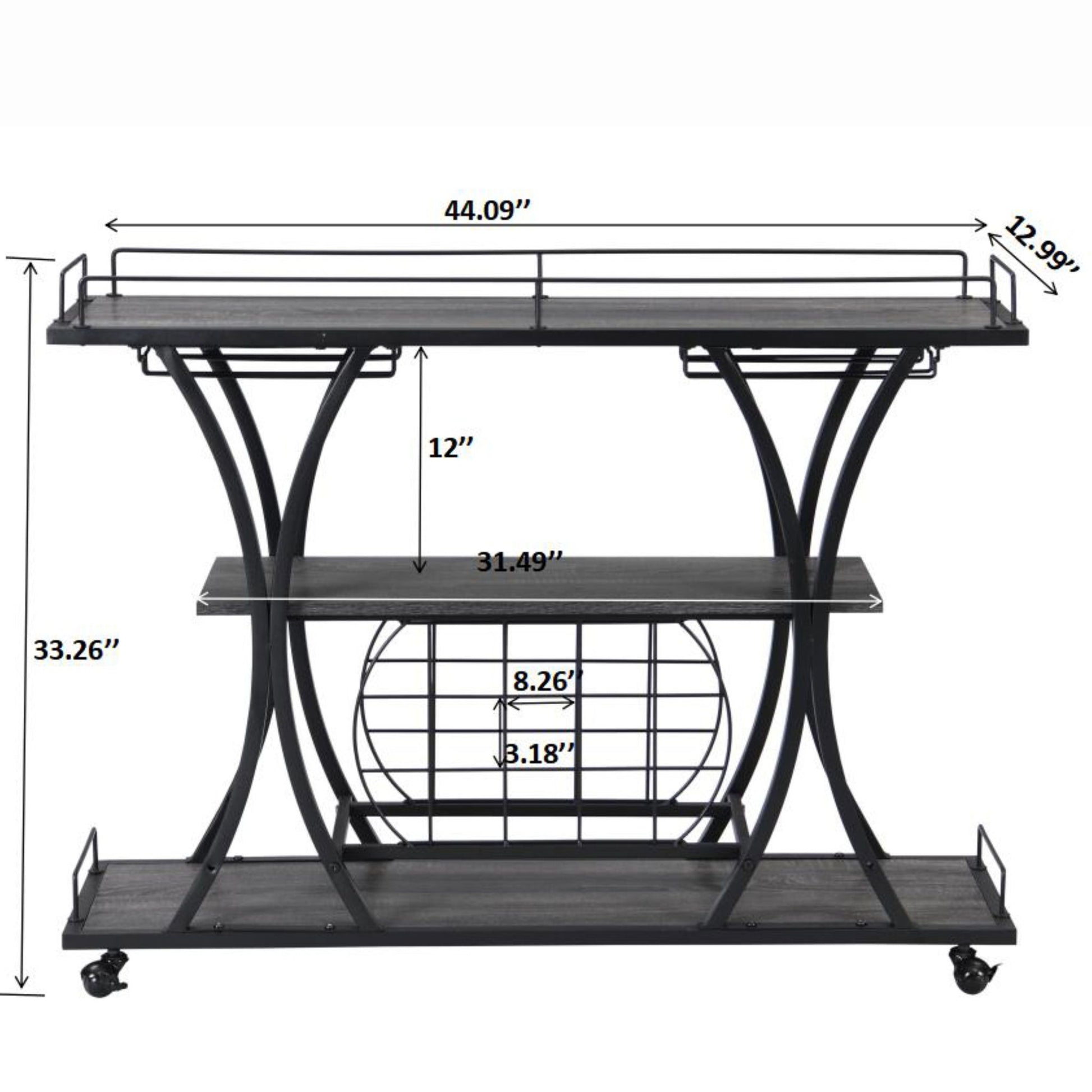 Industrial Bar Cart Kitchen Bar & Serving Cart For Home With Wheels 3 Tier Storage Shelves - Black / Gray Home Essentials