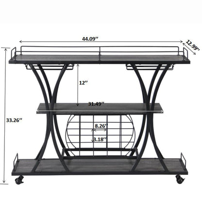 Industrial Bar Cart Kitchen Bar & Serving Cart For Home With Wheels 3 Tier Storage Shelves - Black / Gray Home Essentials