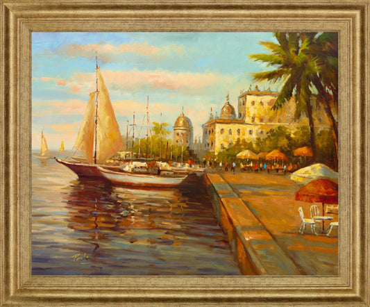Sunlit Marina Promenade - 28" x 34" Framed Wall Art Classy Art