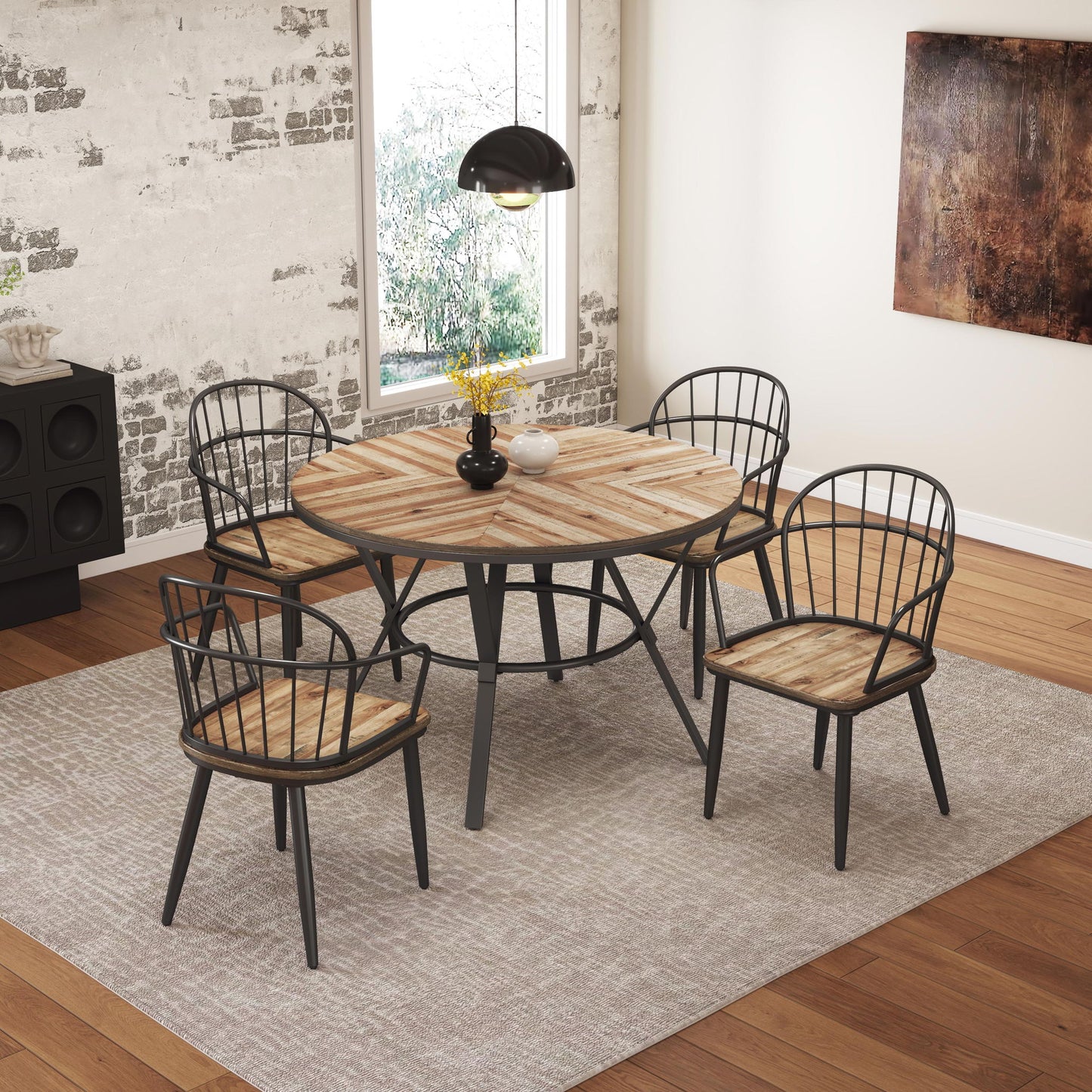 Contemporary Indoor Dining Set With Metal Legs, Birch, And Metal - Black / Natural Noble House