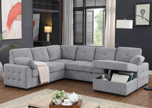 Nyhan - Upholstered Corner Sectional With Pull Out Loveseat And Storaged Chaise - Light Gray Urban Retreats