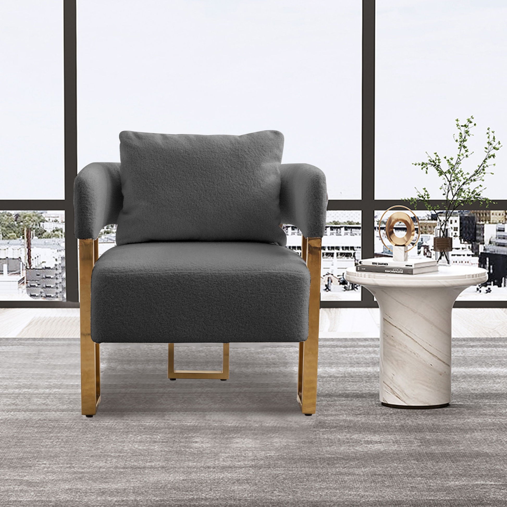 Modern Decorative Chair Teddy Fleece Upholstered And Metal Foot Home Essentials