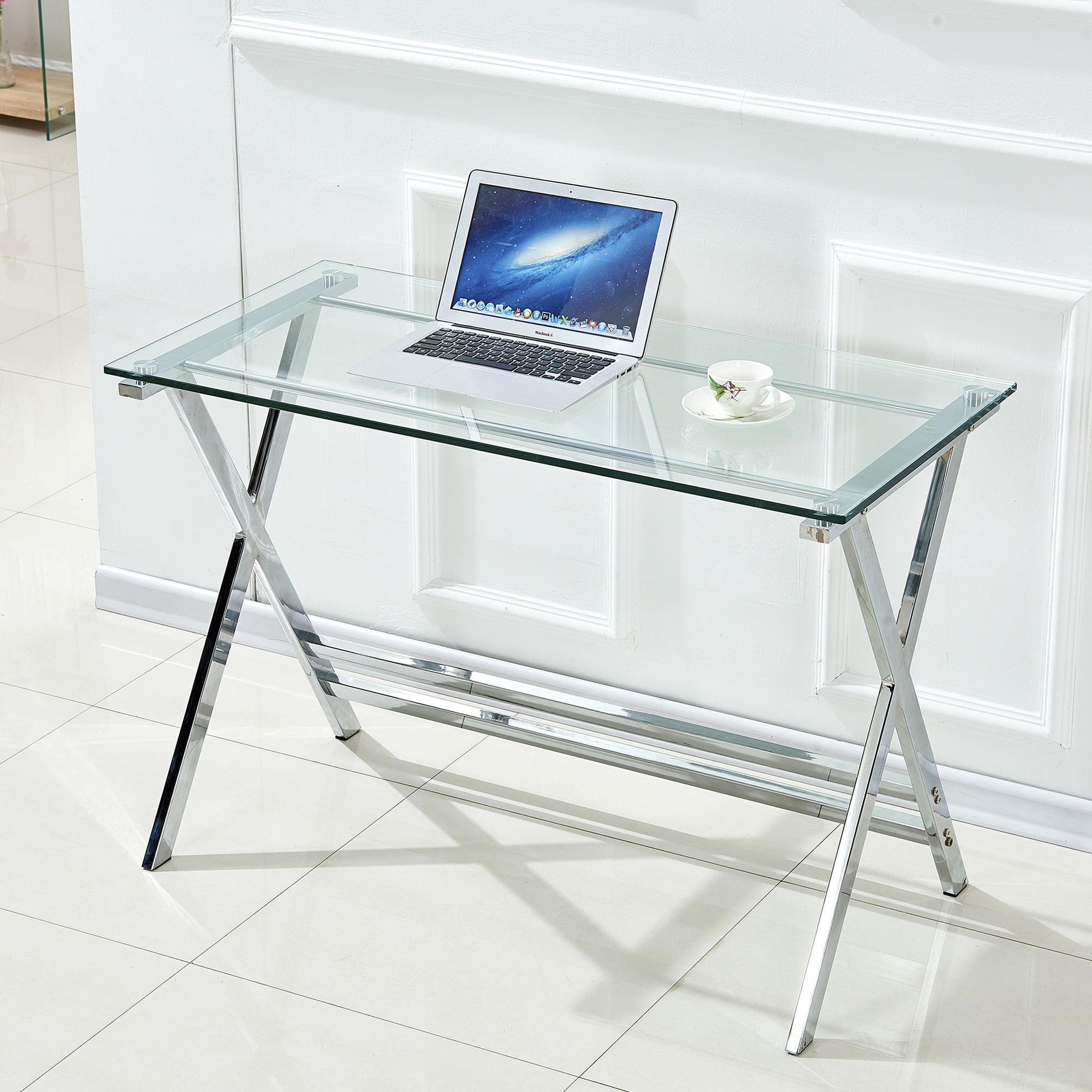 Transparent Glass Computer Desk With Rounded Edges, Tempered Glass Laptop Table - Clear Home Essentials