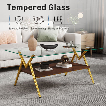 Rectangle Coffee Table With Tempered Glass Top And Shelf, Modern Table For Living Room Home Essentials