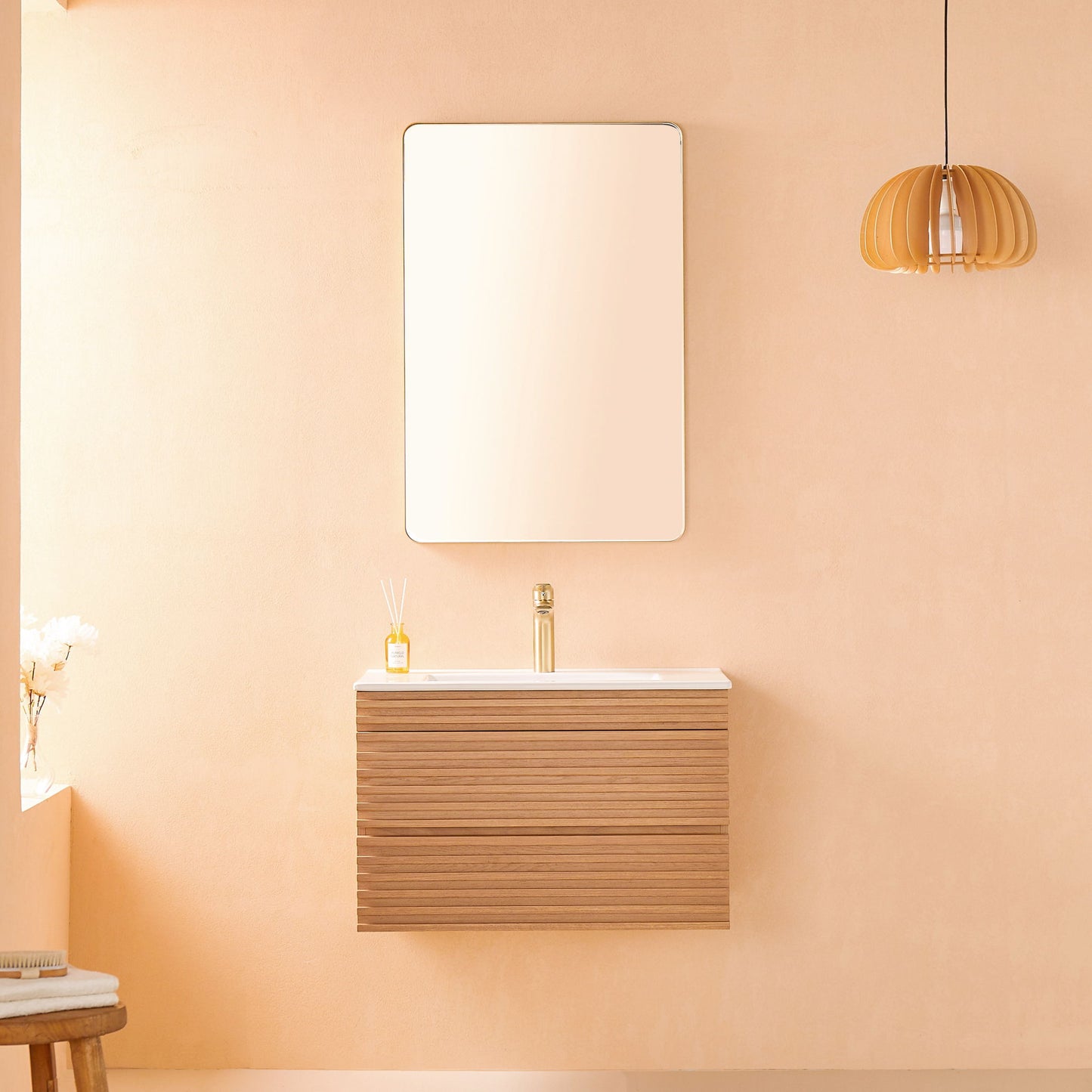 Wall Mounted & Floating Single Vanity With Ceramic Sink - Natural Walnut Home Essentials