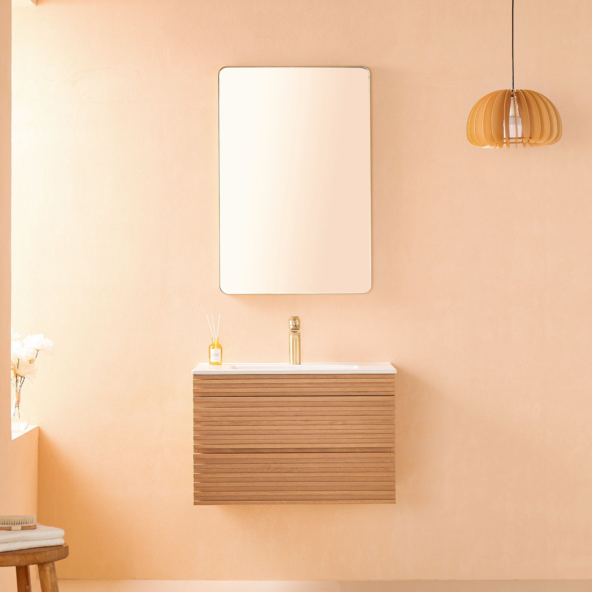 Wall Mounted & Floating Single Vanity With Ceramic Sink - Natural Walnut Home Essentials
