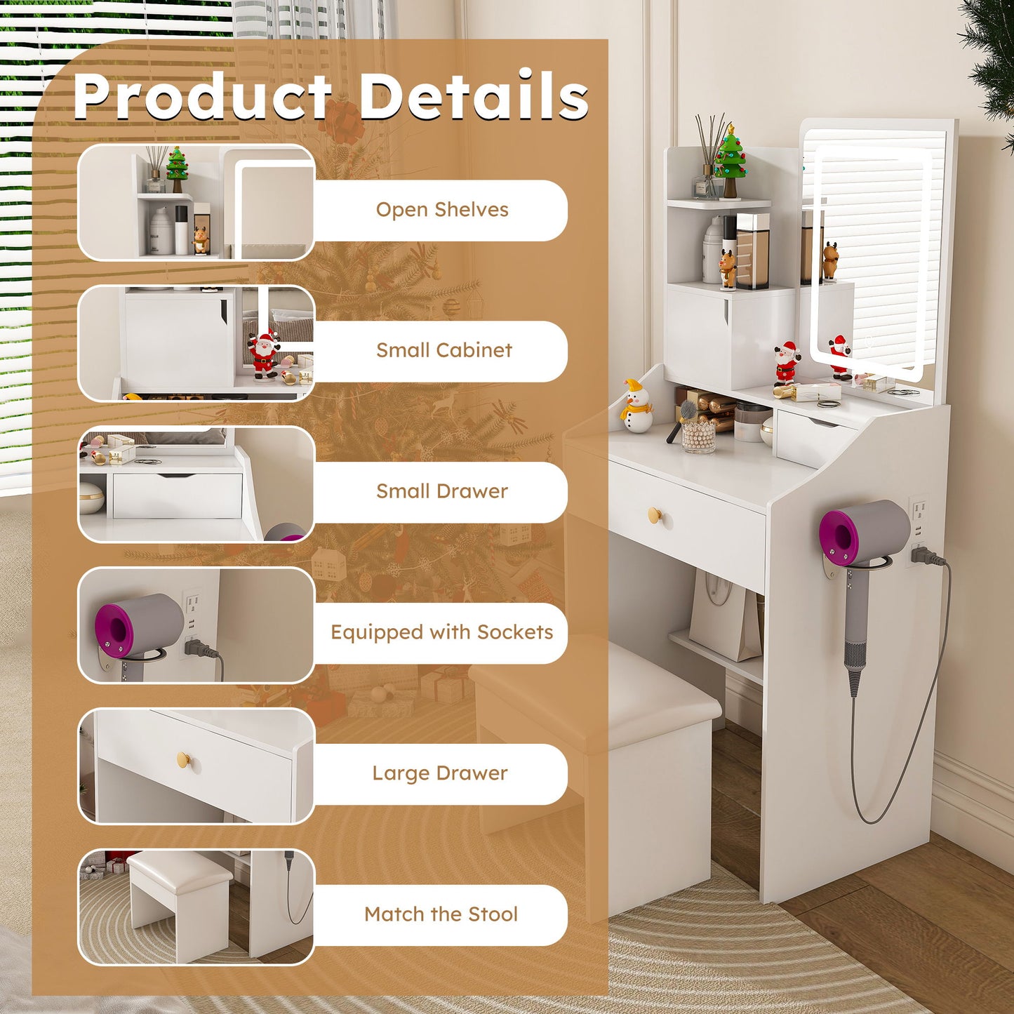 LED Vanity Mirror With Stool, 2 Drawers & 5 Storage Cabinets, Adjustable Lighting Mdf Dressing Table For Bedroom - White Home Essentials