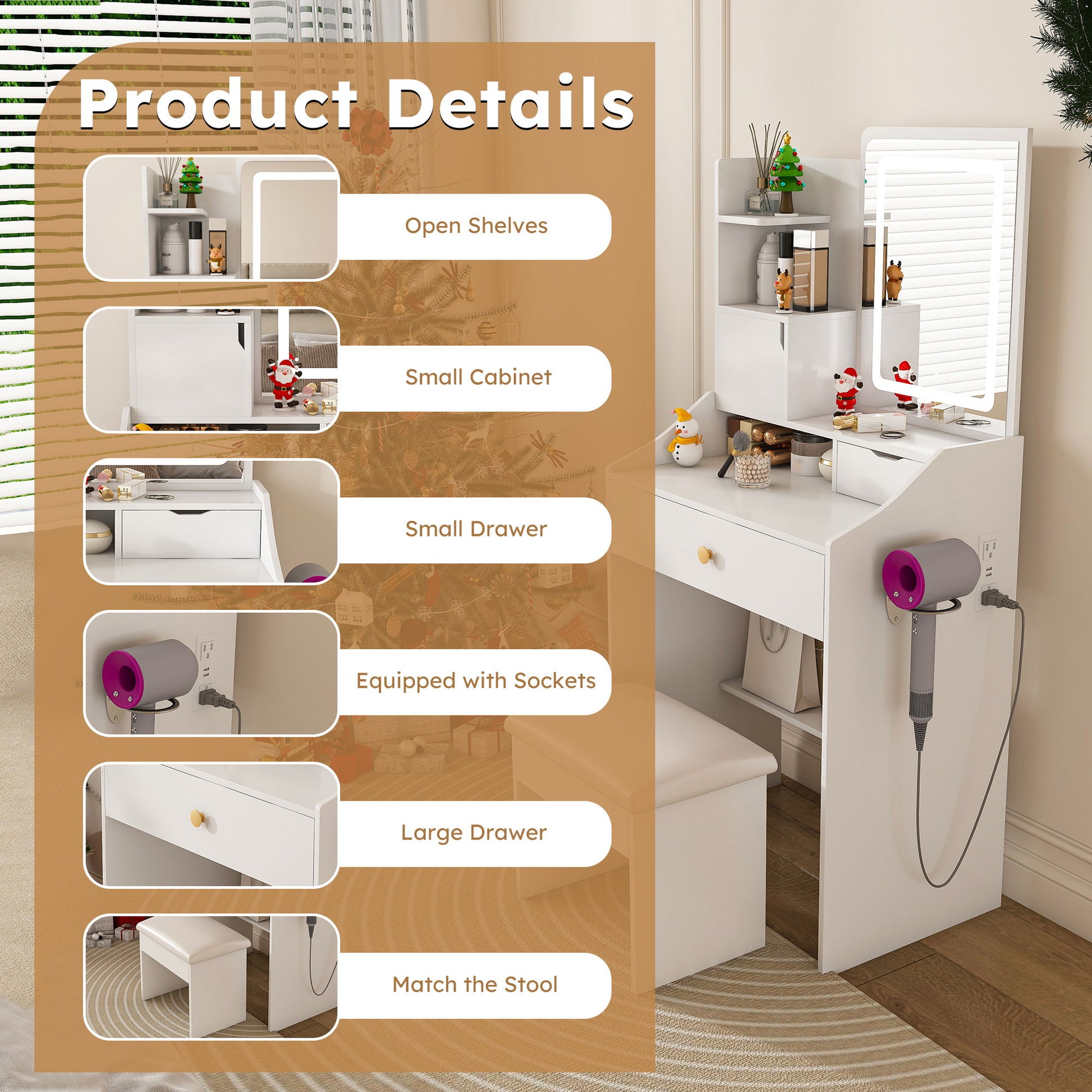 LED Vanity Mirror With Stool, 2 Drawers & 5 Storage Cabinets, Adjustable Lighting Mdf Dressing Table For Bedroom - White Home Essentials