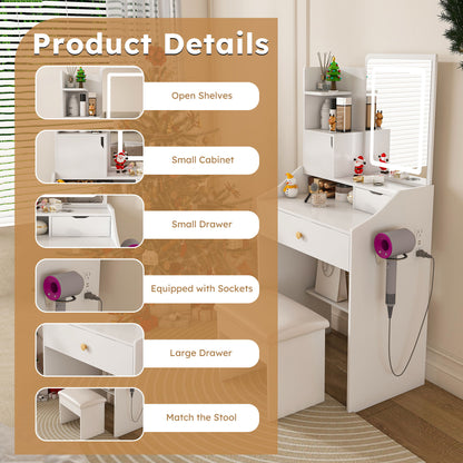 LED Vanity Mirror With Stool, 2 Drawers & 5 Storage Cabinets, Adjustable Lighting Mdf Dressing Table For Bedroom - White Home Essentials