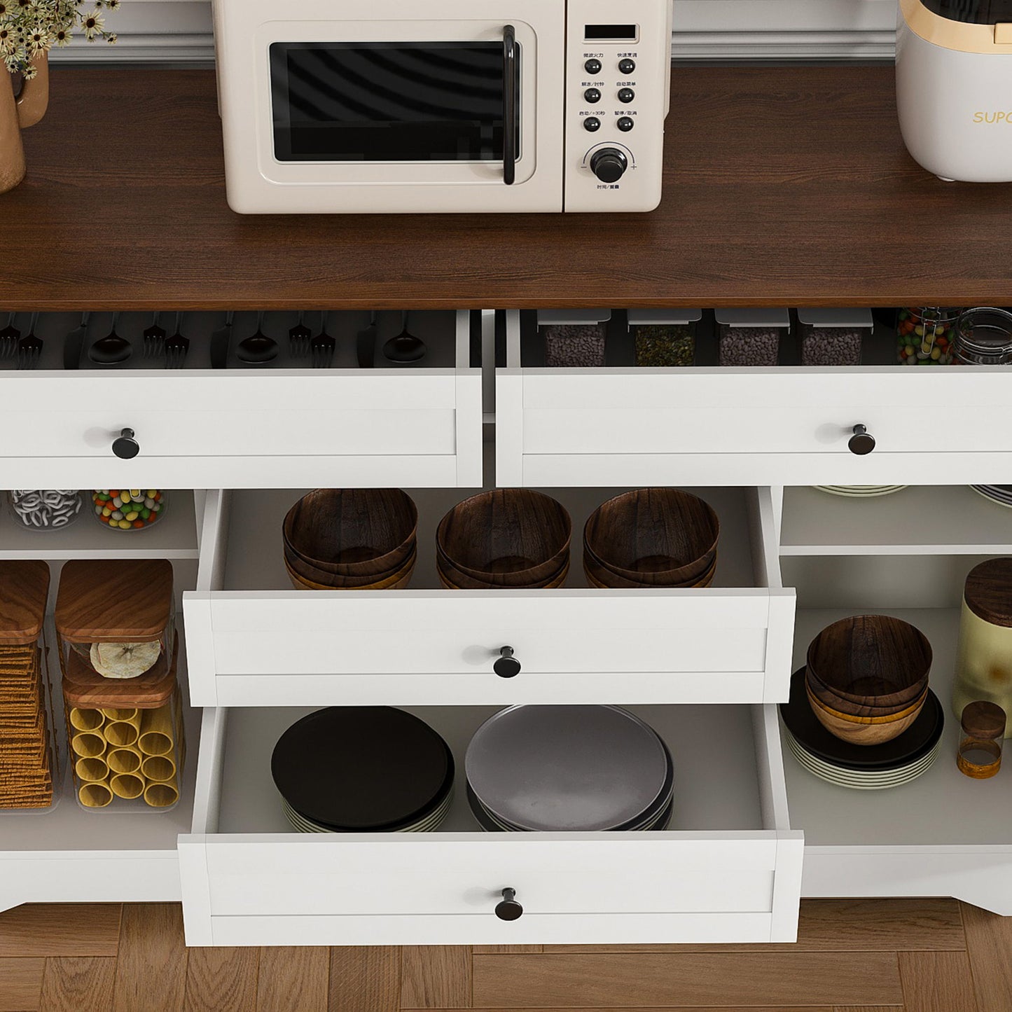 Rustic Farmhouse Kitchen Island With Storage Cabinet, Wood Top Breakfast Bar - White Home Essentials