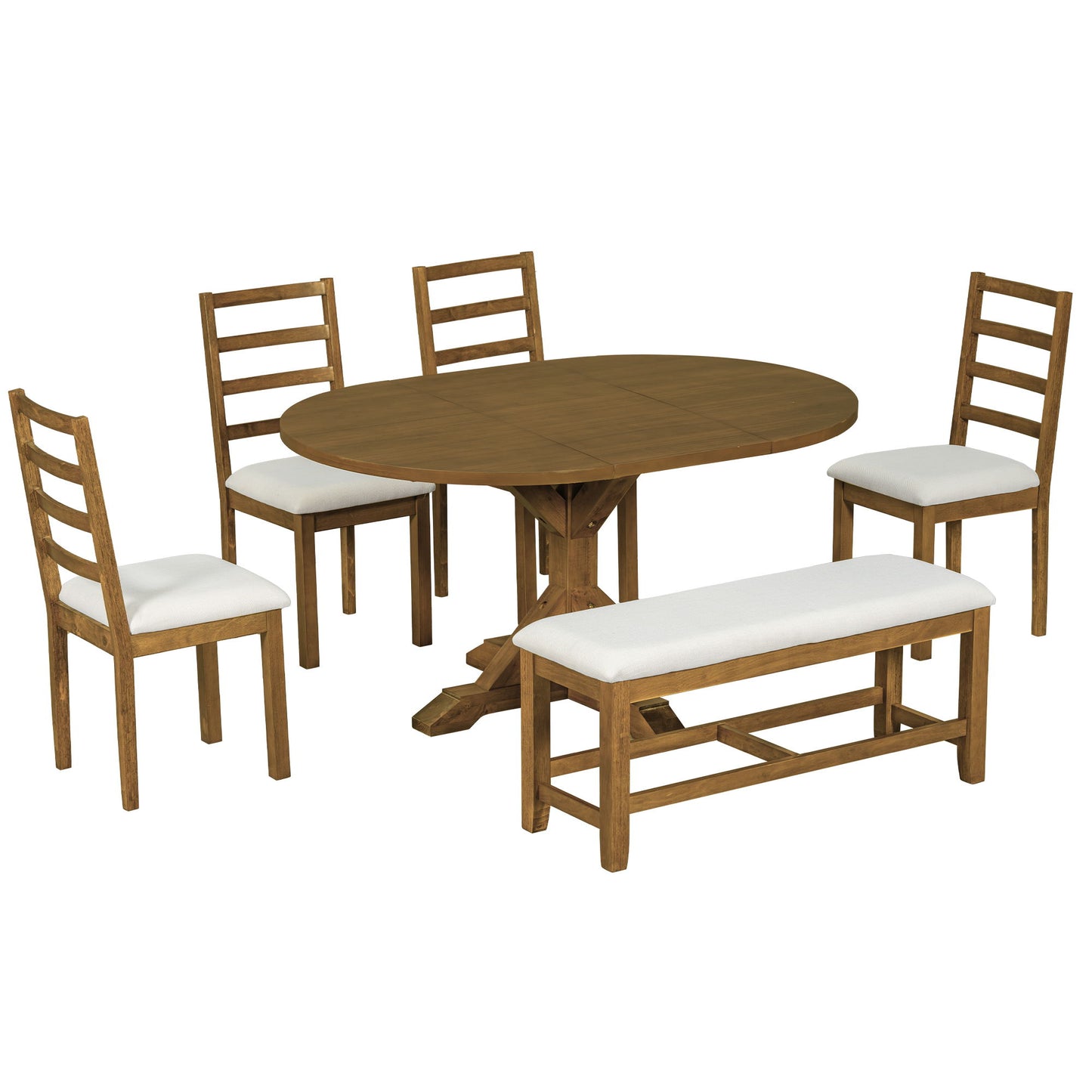 Topmax - 6 Piece Farmhouse Extendable Pedestal Dining Table Set With 18Inch Removable Leaf, Bench And 4 Ladder Back Dining Chairs Hearth and Haven