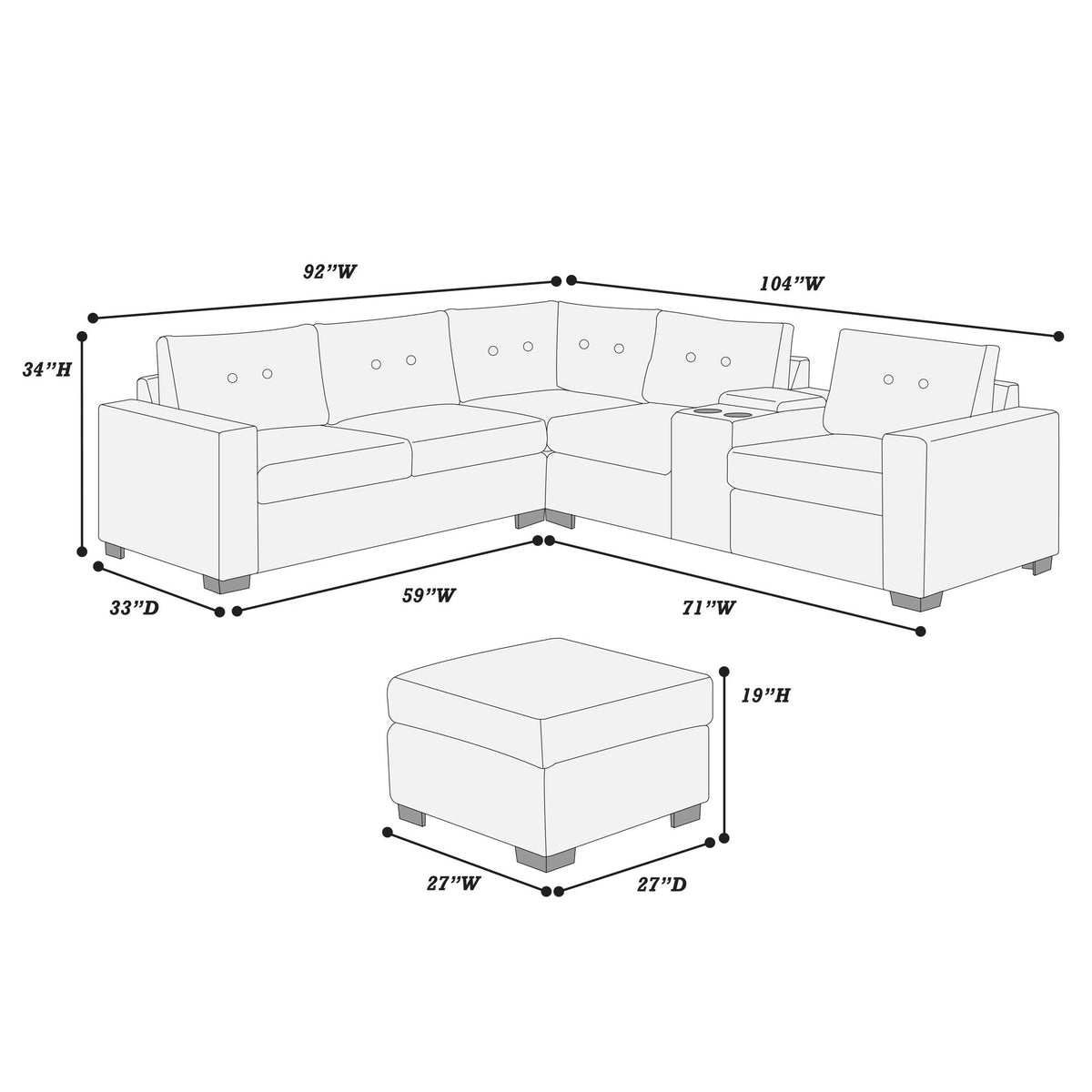 Sectional Set With Reversible Loveseat, USB Console, Corner Wedge & Ottoman Home Essentials