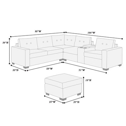 Sectional Set With Reversible Loveseat, USB Console, Corner Wedge & Ottoman Home Essentials