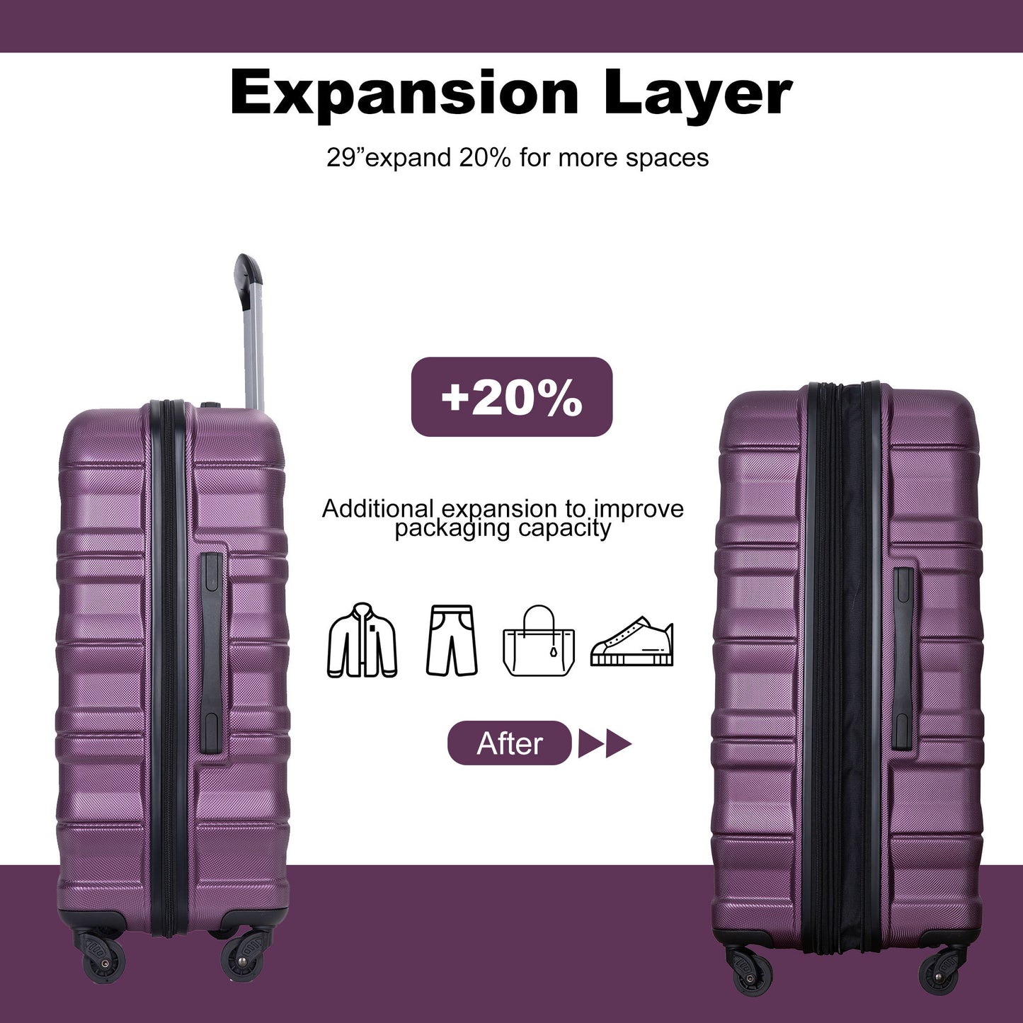 Expandable 3 Piece Luggage Sets Pc Lightweight & Durable Suitcase With Two Hooks, Spinner Wheels, Tsa Lock, (21/25/29) - Dark Purple Daily Nest
