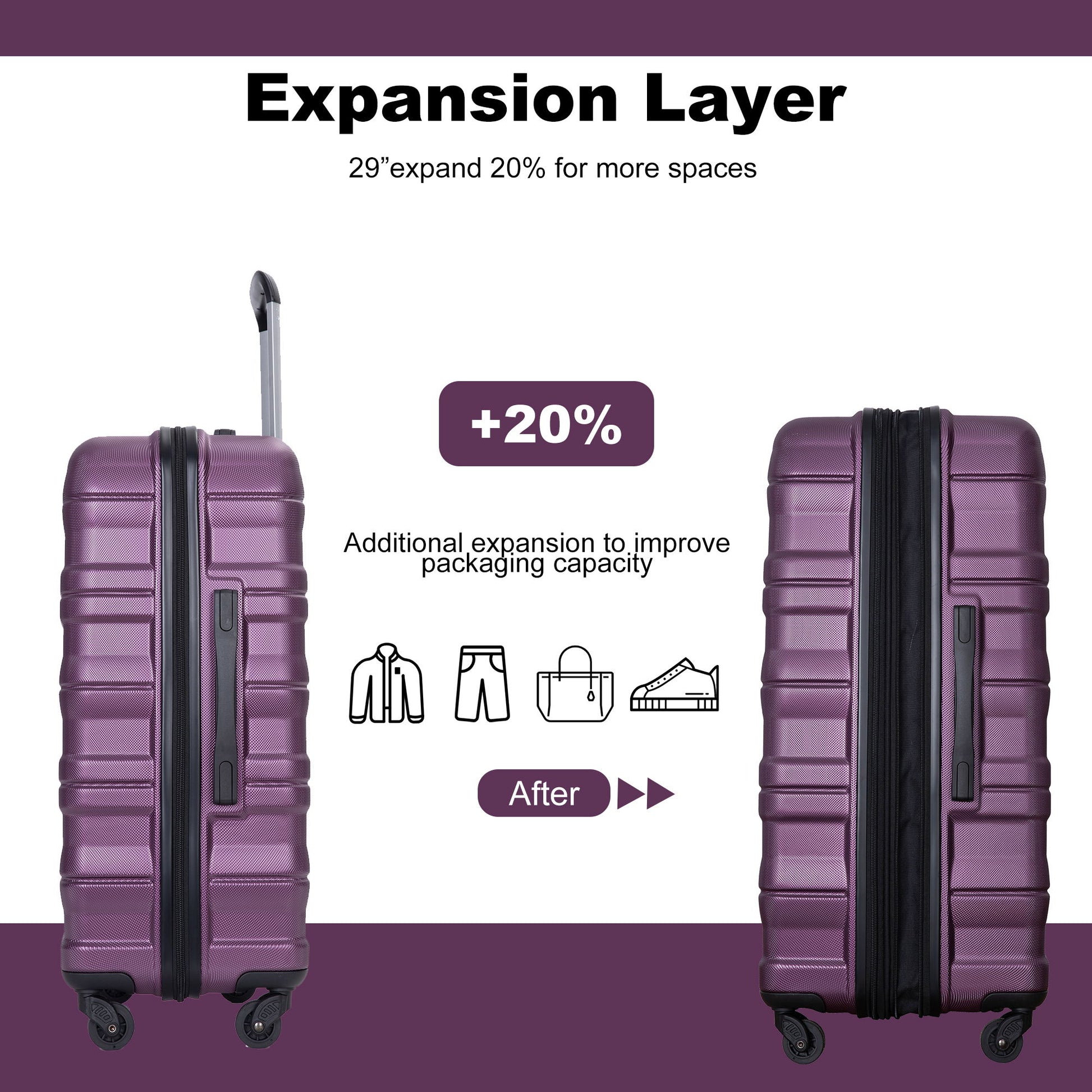 Expandable 3 Piece Luggage Sets Pc Lightweight & Durable Suitcase With Two Hooks, Spinner Wheels, Tsa Lock, (21/25/29) - Dark Purple Daily Nest