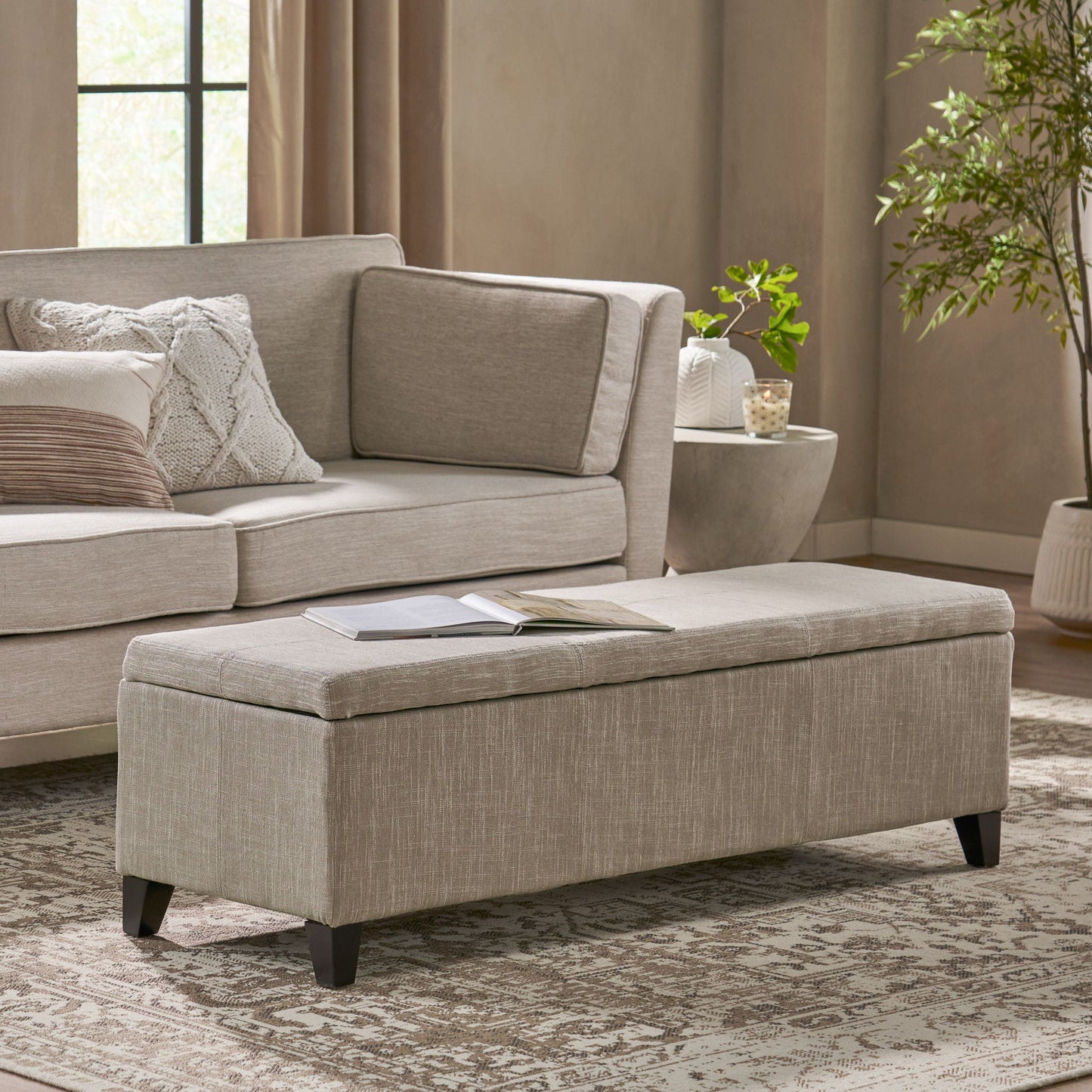 Glouster - Contemporary Storage Ottoman V2 With Upholstered Fabric - Sand Noble House