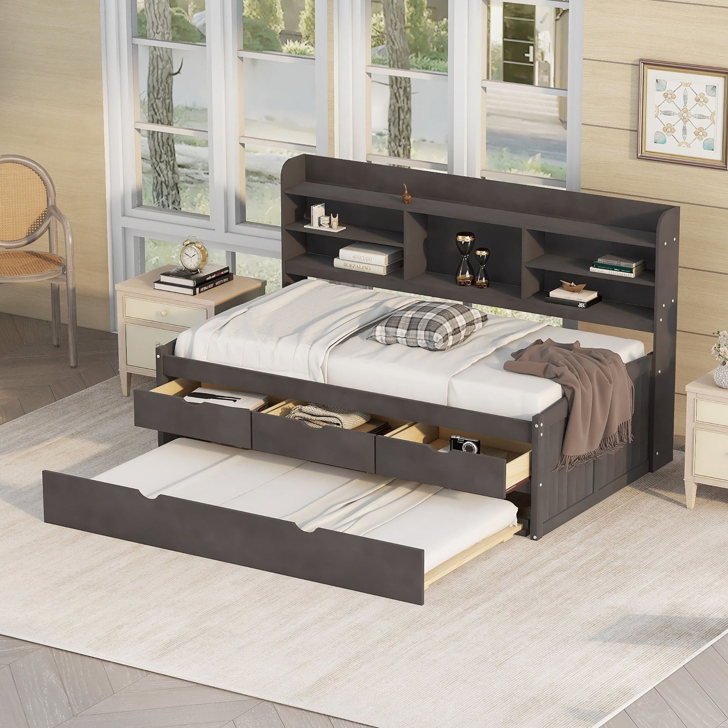 Captain Bed With Built In Bookshelves, 3 Storage Drawers, And Trundle Hearth and Haven