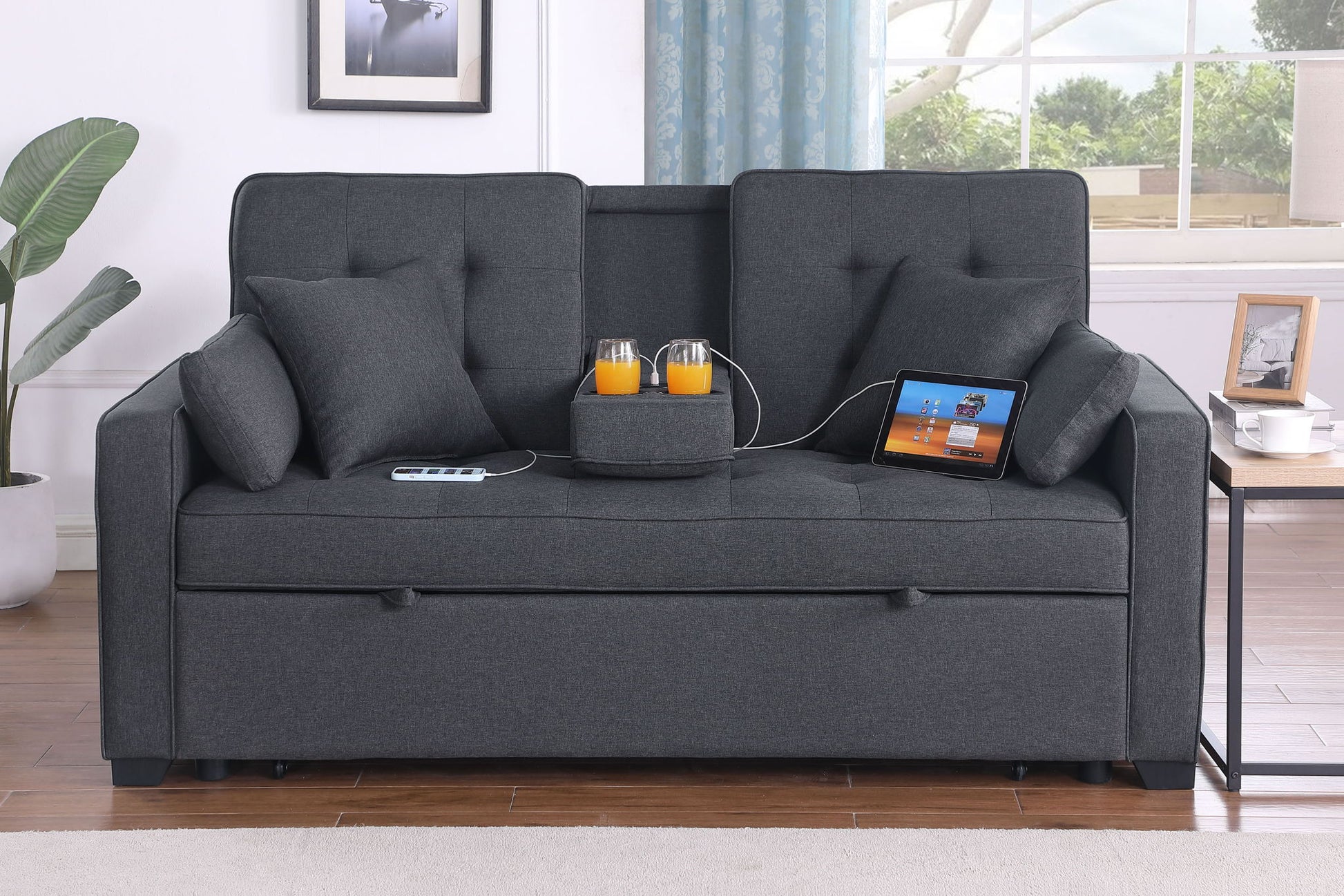 Cody II - Convertible Sleeper Loveseat With Cup Holder, Charging Ports and Pocket - Dark Gray Lilola Home