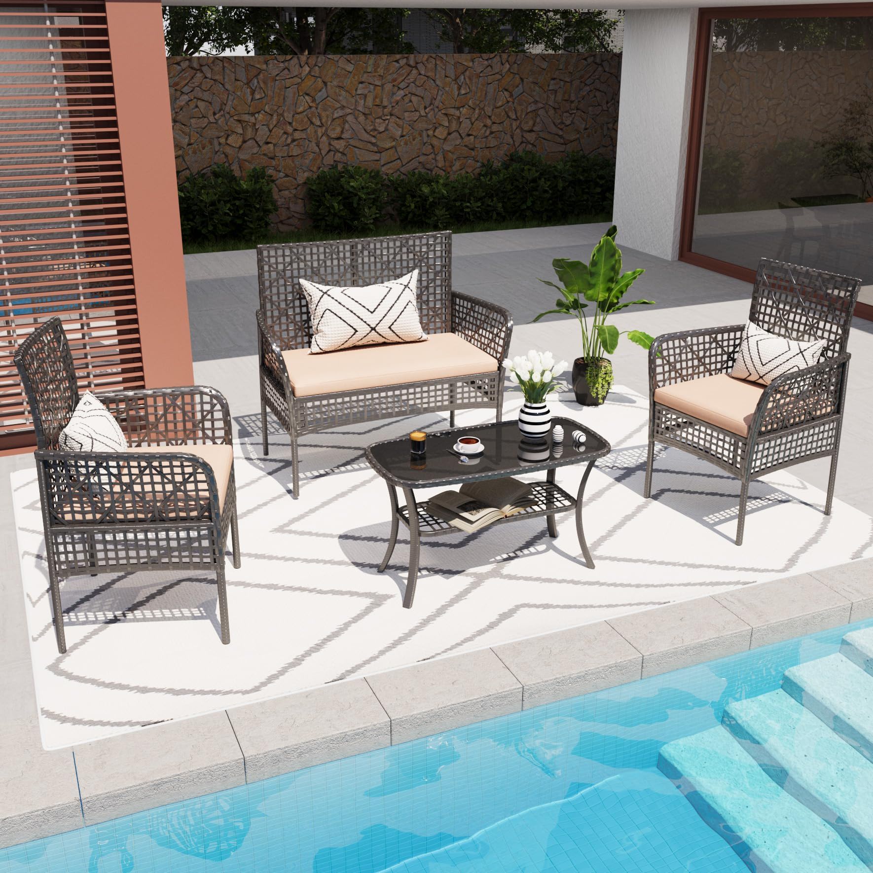 4 Pieces Rattan Wicker Chairs With Tempered Glass Table And Cushions Home Essentials