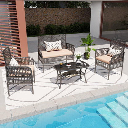 4 Pieces Rattan Wicker Chairs With Tempered Glass Table And Cushions Home Essentials