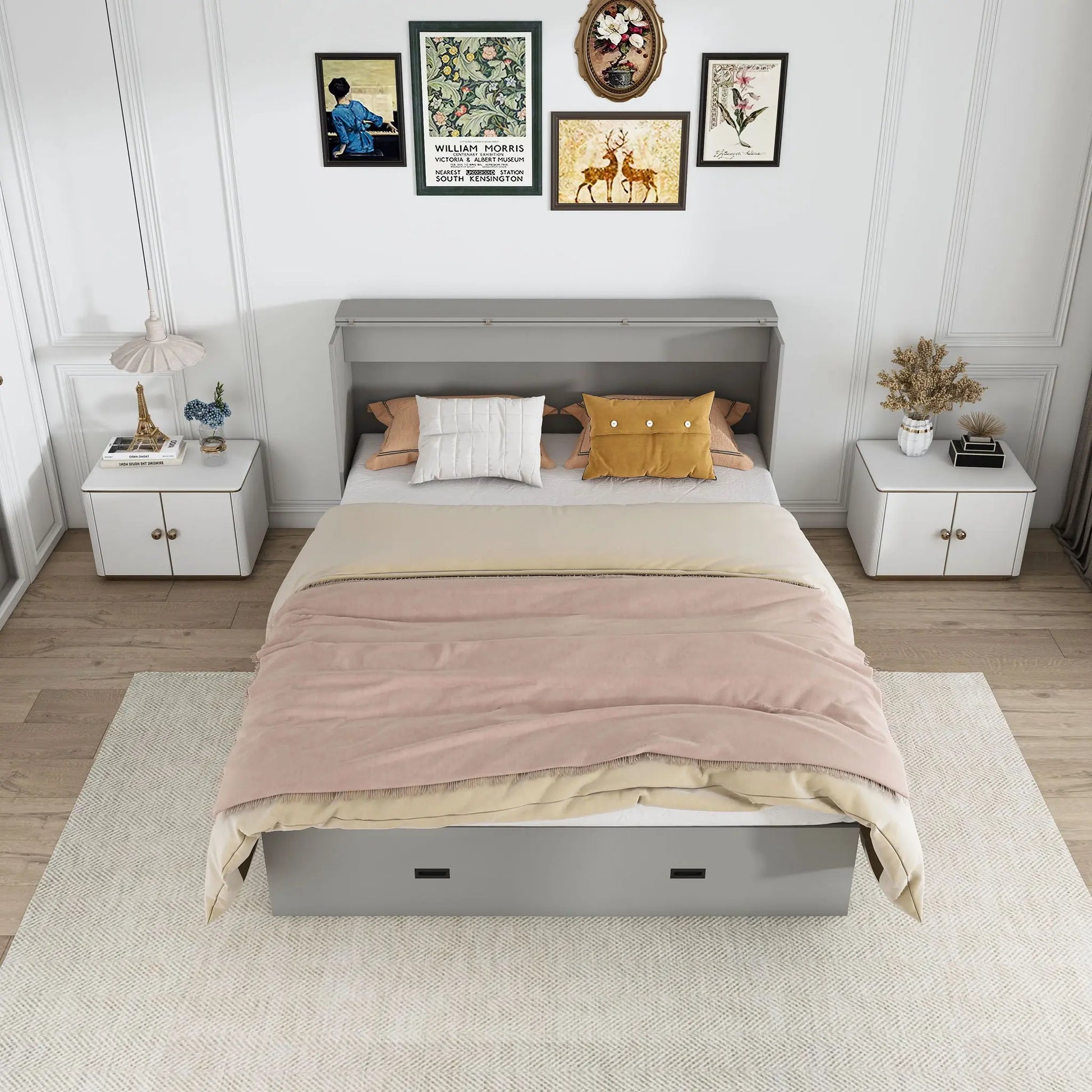 Murphy Bed With Storage Drawers And Charging Cabinet, Foldable Panels, Swivel Wheels Home Essentials