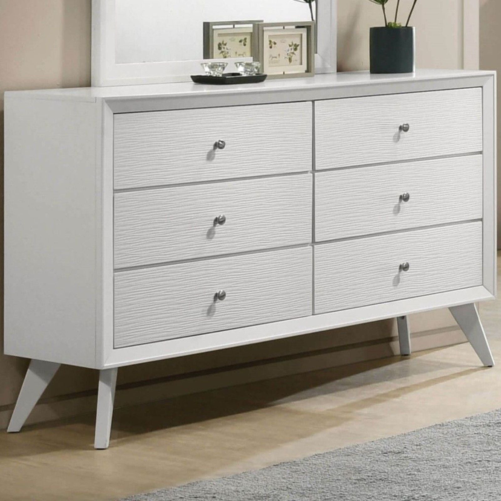 1 Piece Dresser With Angled Legs, Wave Texture And Round Knobs - White Home Essentials
