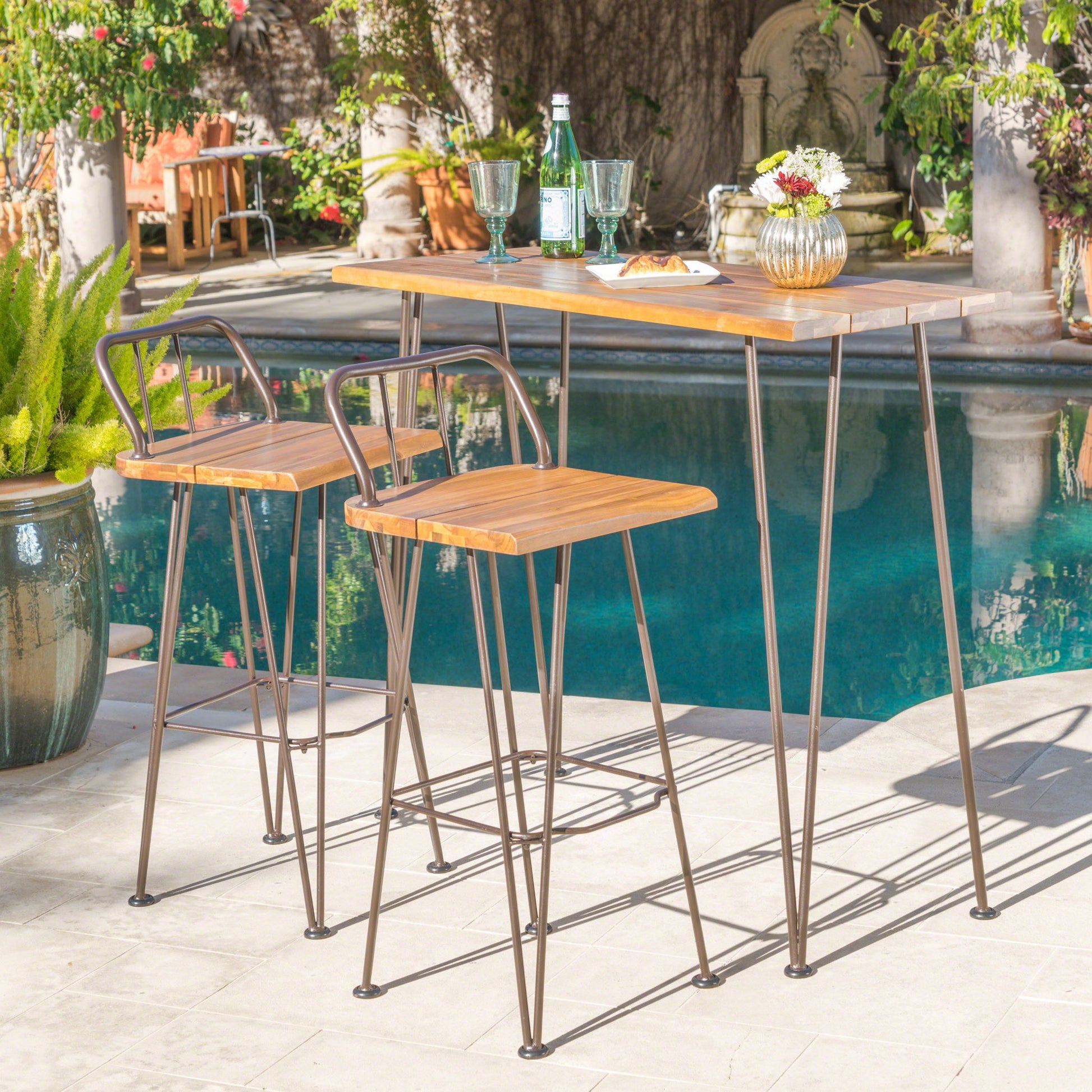 Dione Outdoor Industrial Acacia Wood Bar Set With Metal Frame And Slat Paneling - Brown Noble House