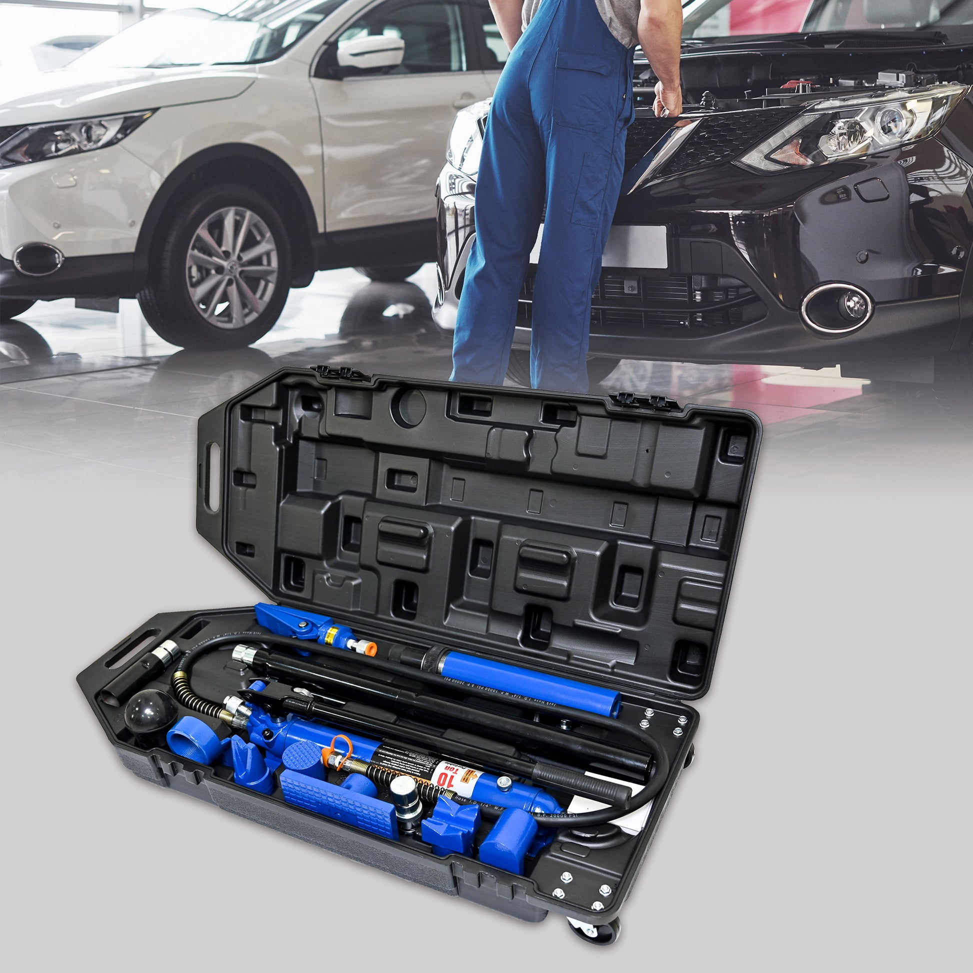 10 Ton Portable Hydraulic Equipment Kit For Metal Work - Black / Blue Daily Nest