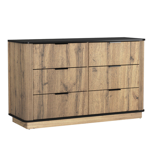 Modern 6 Drawer Cabinet With Metal Rounded Corners And Exquisite Handles Multi Functional Storage - Natural Wood Home Essentials