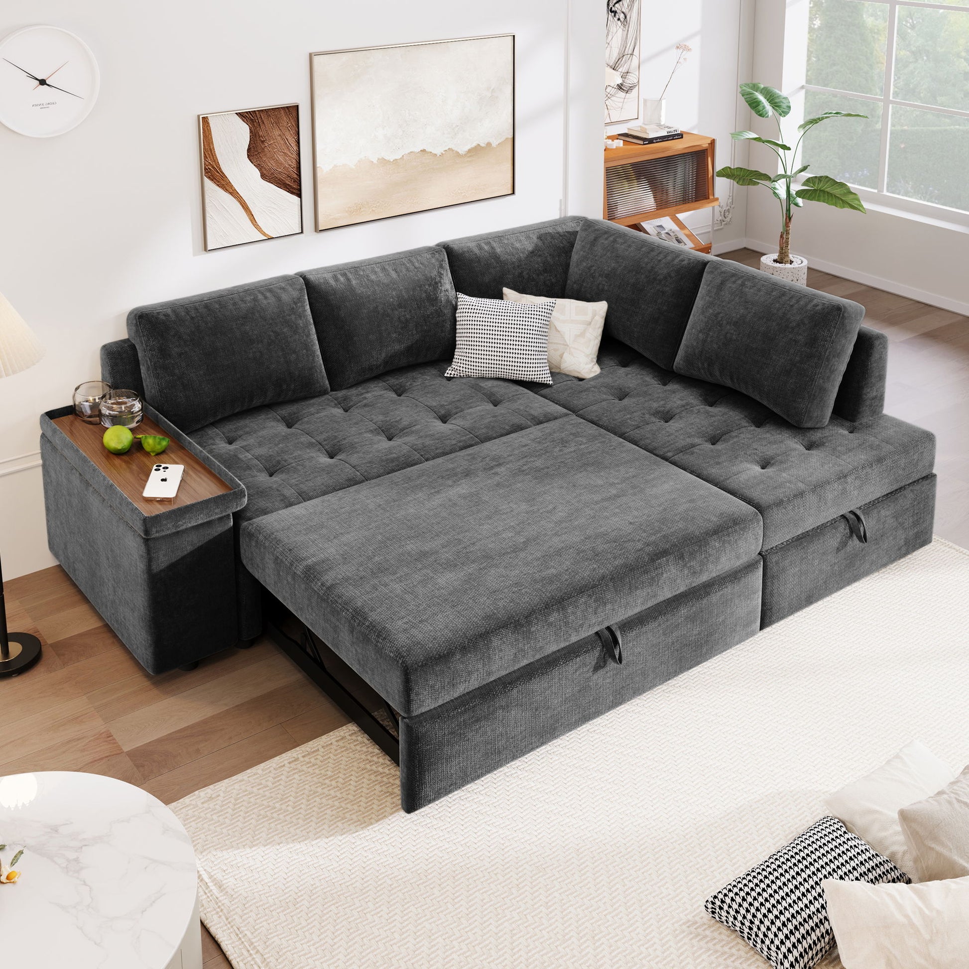 L Shaped Couch With Pull Out Bed And Storage Sectional Sleeper Sofa With Hidden Storage, Wide Armrest With Storage, For Living Room, Apartment, Bedroom, Office Noble House