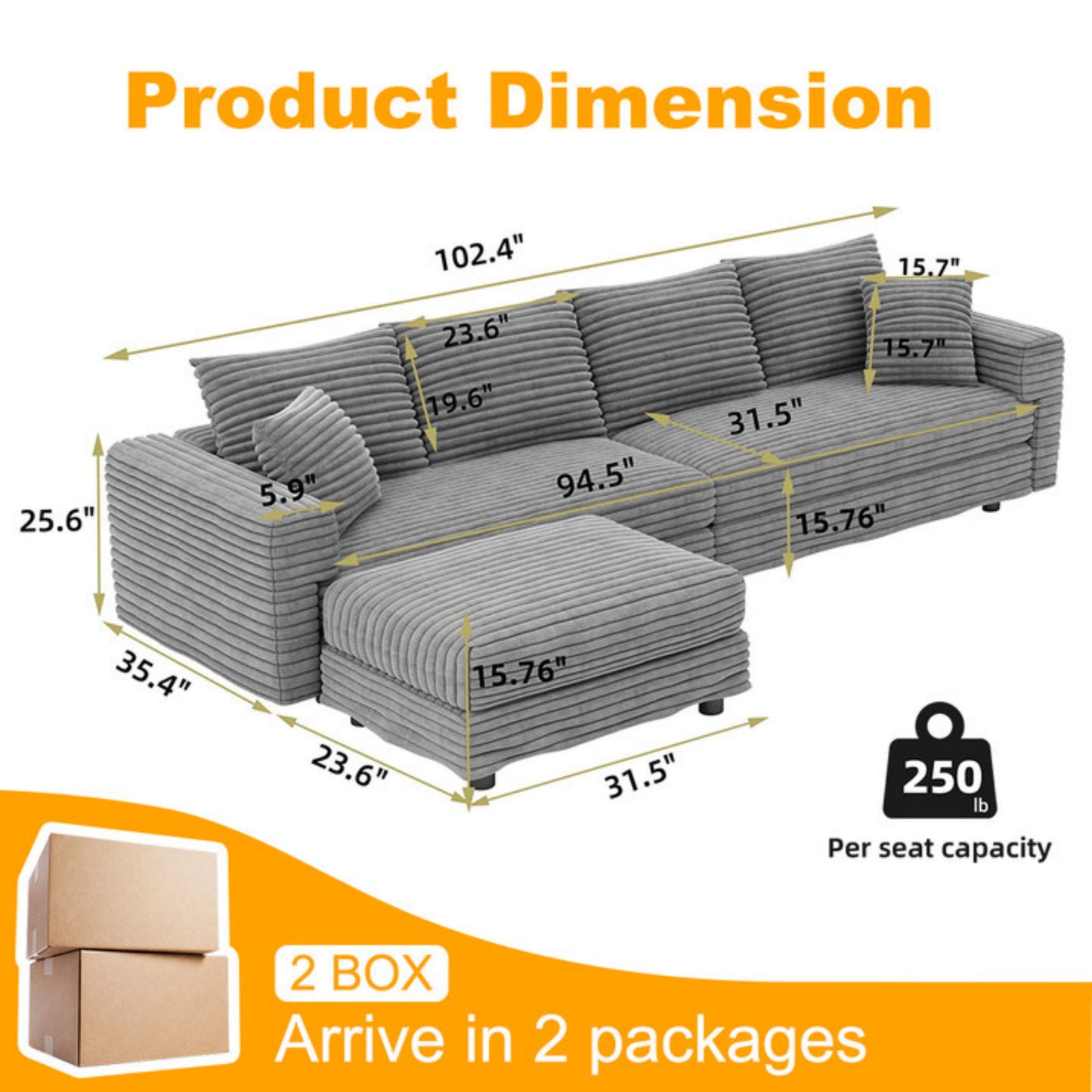 Plush Corduroy 4 Seat Sofa With Soft Pillows And Movable Ottoman - Snoozhouse