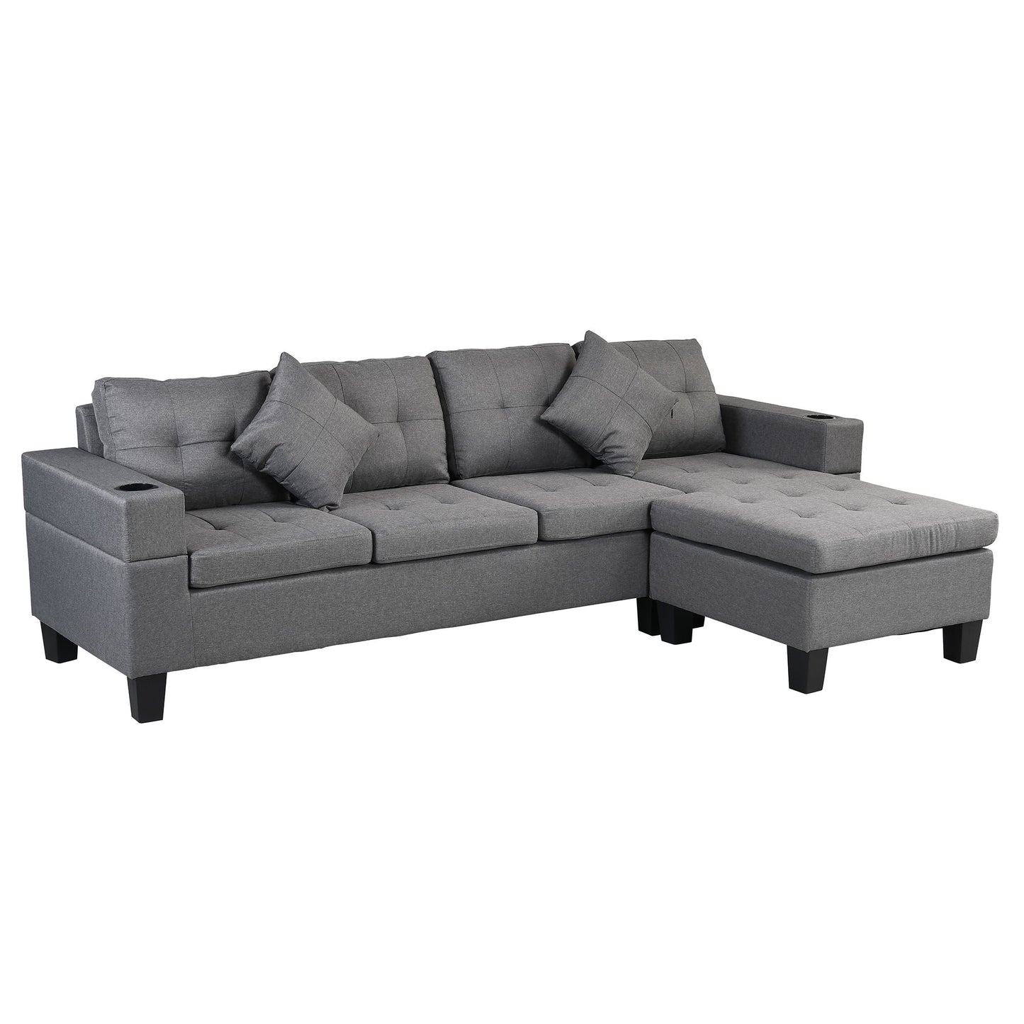 Modern Sectional Sofa Set With L Shape Chaise Lounge, Cup Holder, 4 Seat - Gray Home Essentials