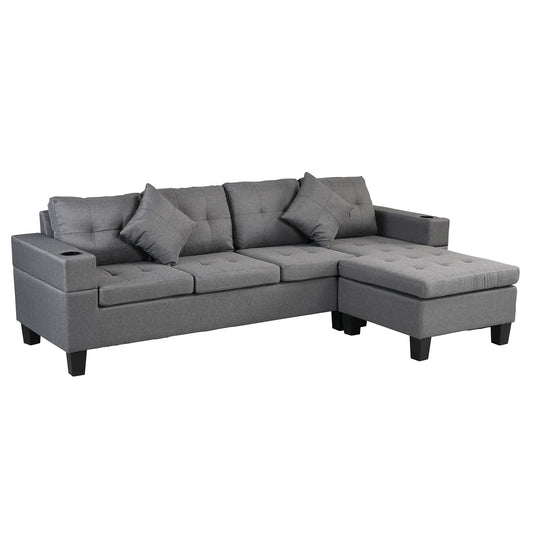 Modern Sectional Sofa Set With L Shape Chaise Lounge, Cup Holder, 4 Seat - Gray Home Essentials
