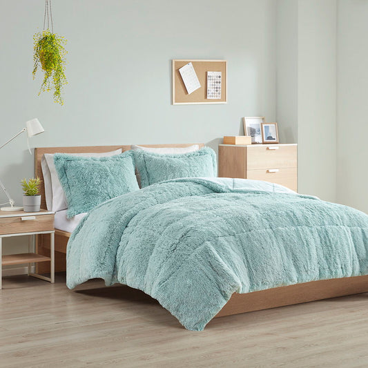 Malea - Twin Shaggy Long Comforter Mini Set - Aqua Intelligent Design